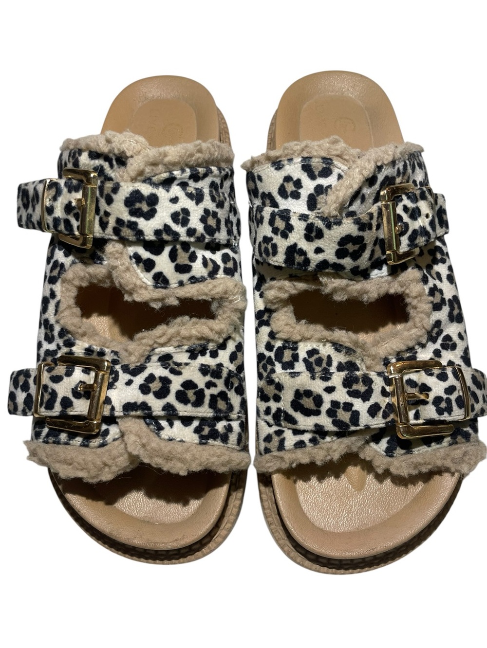 C Lounge Live Well Leopard Print Faux Shearling Buckle Slide Sandals Size 9/10